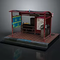Detailed Bus Stop Shelter Model Featuring Red Roof Bench Trash Can Signs And Brick Floor