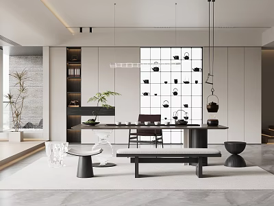 Elegant Modern Tea Room Interior Design With Wooden Tea Table And Hanging Lights Plants 3d model