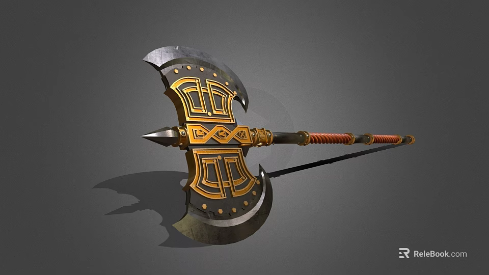 Double Edged Battle Axe with Metallic Blade Golden Decorative Patterns and Red Wrapped Handle Design 3d model 