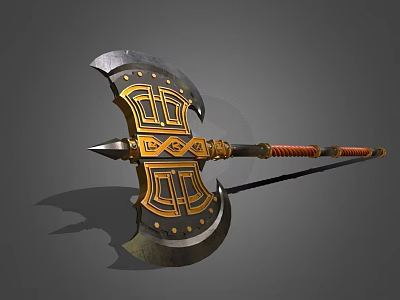Double Edged Battle Axe with Metallic Blade Golden Decorative Patterns and Red Wrapped Handle Design 3d model