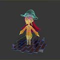 Cartoon Woman In Purple Witch Hat Red Hair Orange Coat On Wooden Platform With Candles