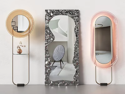 Modern Decorative Mirrors With Round Irregular Oval Shapes And Lighted Textured Frames 3d model