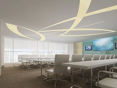 Modern Conference Room With Long Tables Chairs Yellow Curved Ceiling Decor And TV Screens 3d model