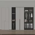 Modern Wardrobe Interior Design With White And Dark Panels Hanging Clothes Bags Shelves