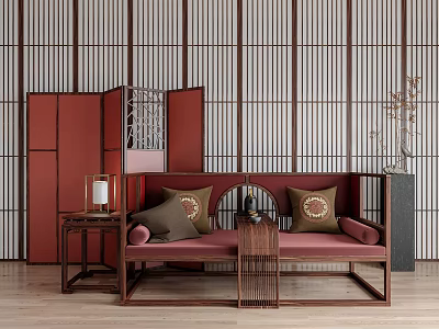 Traditional Chinese Arhat Bed With Wooden Frame Red Cushions And Striped Background Wall 3d model