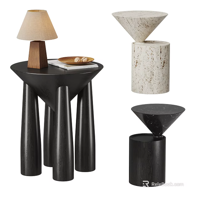 Modern Minimalist Side Table With Wooden Cylindrical Base And Marble Top 3d model 