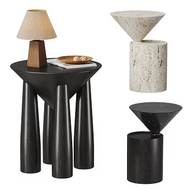 Modern Minimalist Side Table With Wooden Cylindrical Base And Marble Top 3d model