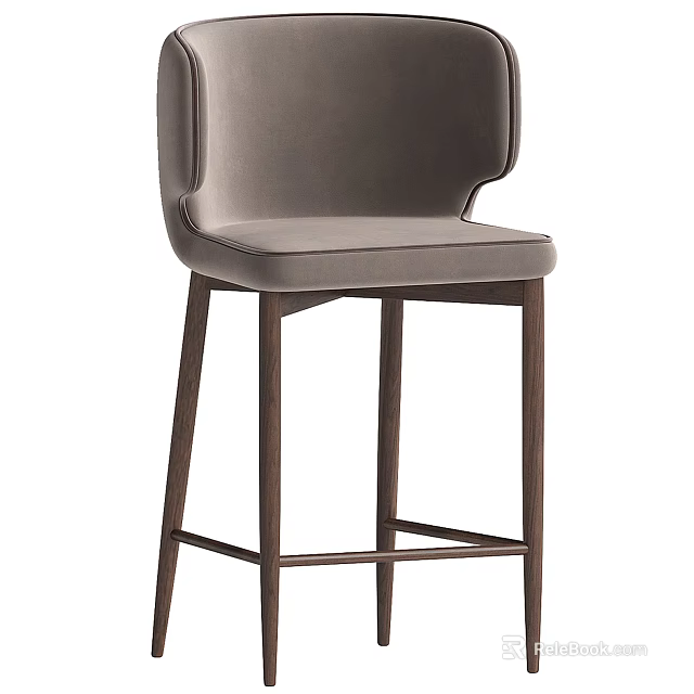 Modern Gray Velvet Bar Stool With High Back And Sleek Wooden Legs Design 3d model 