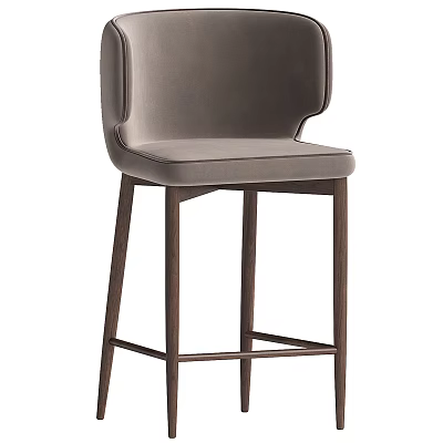 Modern Gray Velvet Bar Stool With High Back And Sleek Wooden Legs Design 3d model