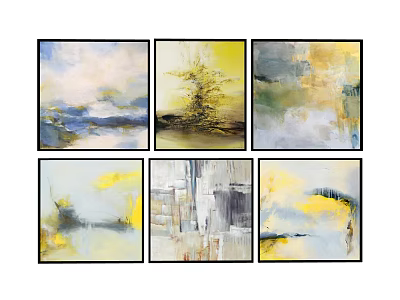 Modern Abstract Six Piece Wall Art With Yellow Blue Gray Tones For Home Decor 3d model