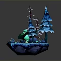 Blue Glowing Pine Trees With Green Mossy Log And Small Stones On Island Base