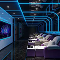 Modern KTV Interior Design With Blue Neon Lights And Purple Sofa Seats