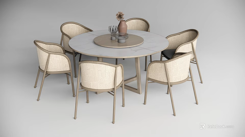 Modern Round Dining Table Set With Rattan Chairs And Decorative Vase On Tabletop 3d model