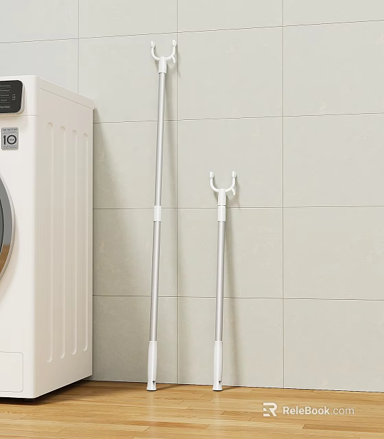 Clean White Washing Machine In Laundry Space With Mop And Hanger On Tile Wall 3d model 