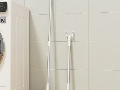 Clean White Washing Machine In Laundry Space With Mop And Hanger On Tile Wall 3d model