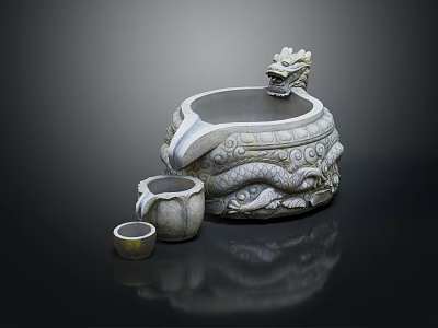 Stone Garden Ornament Featuring Intricate Dragon Carving And Small Decorative Basins 3d model