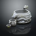 Stone Garden Ornament Featuring Intricate Dragon Carving And Small Decorative Basins