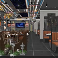 Modern Restaurant Interior Design With Chandeliers Crane Decorations Green Plants And Blue Lighting