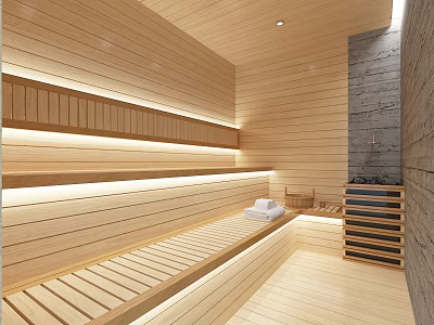 Serene SPA Sauna Interior With Wooden Walls Benches Recessed Lighting And Towels 3d model