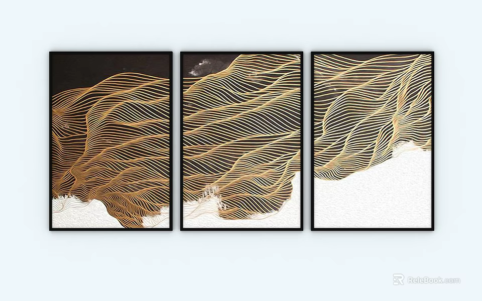 Modern Abstract Paintings With Golden Wavy Lines And Black White Background 3d model 