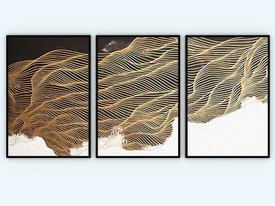 Modern Abstract Paintings With Golden Wavy Lines And Black White Background 3d model