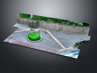 Outdoor Courtyard Scene With Stone Wall Green Hedge Circular Flower Bed And Paved Ground 3d model