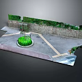 Outdoor Courtyard Scene With Stone Wall Green Hedge Circular Flower Bed And Paved Ground