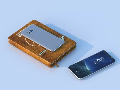 Leather Notebook with Silver Smartphone and Black Phone Screen Displaying Time and Landscape 3d model