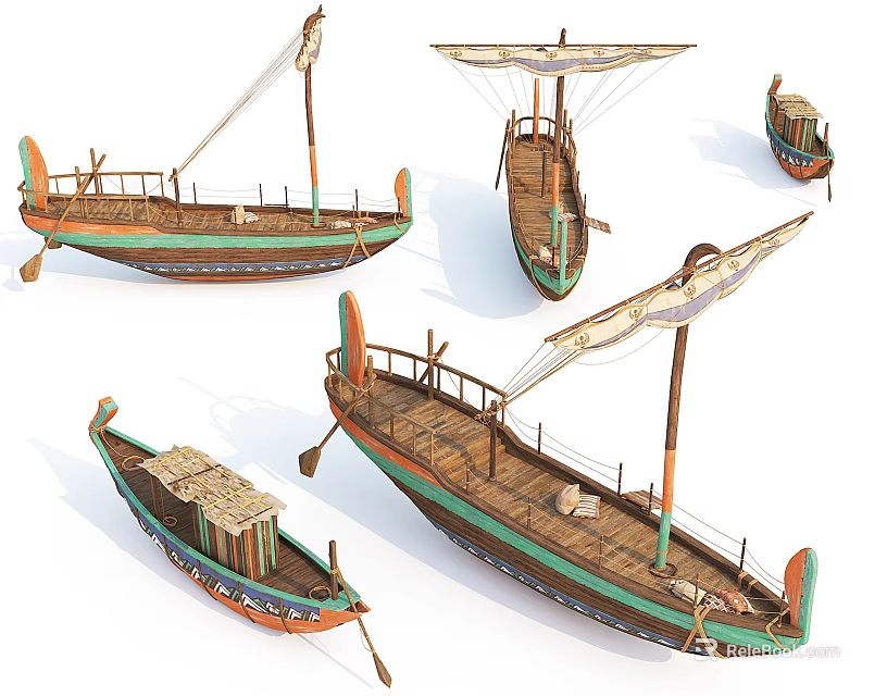 Various Wooden Boats With Sails Oars Decorative Colors And Traditional Designs 3d model 