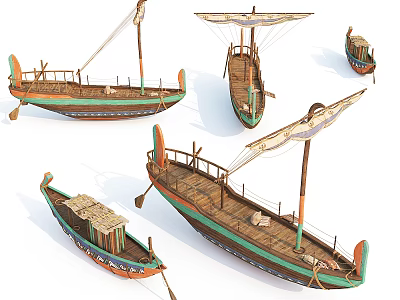 Various Wooden Boats With Sails Oars Decorative Colors And Traditional Designs 3d model