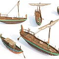 Various Wooden Boats With Sails Oars Decorative Colors And Traditional Designs