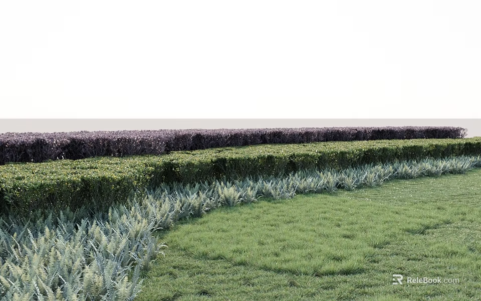 Layered Plant Combination With Trimmed Hedges Green Lawn And Silver Foliage 3d model 