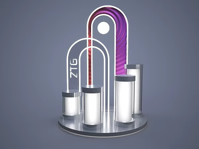 Modern Exhibition Island Design With Curved Purple White Structure Silver Pillars And Circular Base 3d model