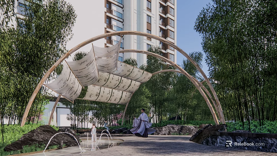 Residential Landscape With Arched Canopy Bamboo Pathway Water Fountain And High Rise Buildings 3d model 