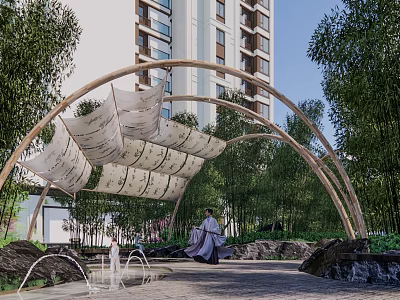 Residential Landscape With Arched Canopy Bamboo Pathway Water Fountain And High Rise Buildings 3d model