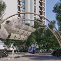 Residential Landscape With Arched Canopy Bamboo Pathway Water Fountain And High Rise Buildings