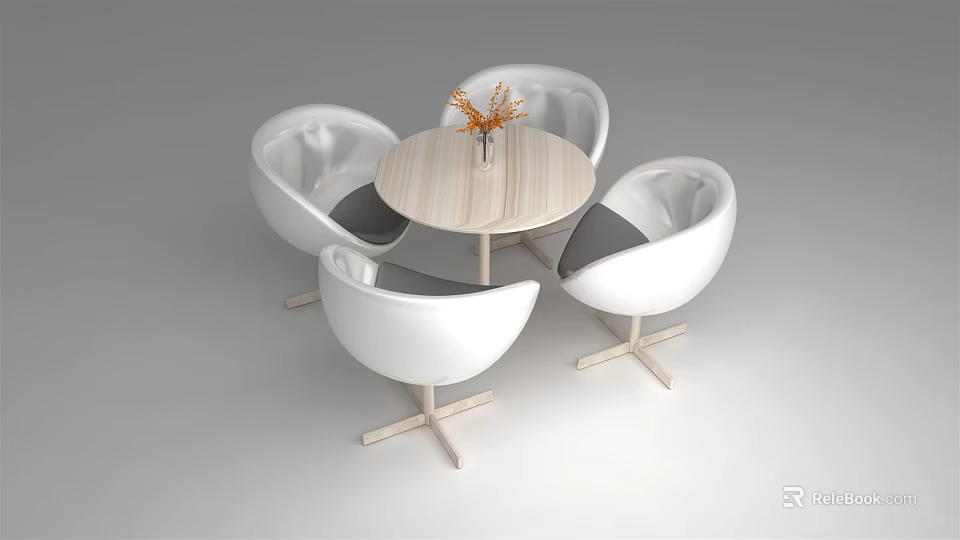 Modern Round Wooden Table With Four White Egg Shaped Chairs And Decorative Plant 3d model 