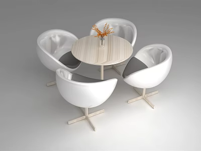 Modern Round Wooden Table With Four White Egg Shaped Chairs And Decorative Plant 3d model