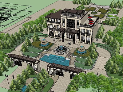 European Style Building with Central Fountain Landscaped Gardens Grand Gate and Circular Driveway 3d model
