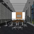 Spacious Conference Room With Wooden Table Chairs Large Windows City Green View And Geometric Wall