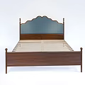 Double Bed Featuring Wooden Frame Blue Headboard Carved Design And Wooden Slats