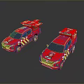 Two Red Emergency Vehicles With Roof Mounted Equipment And Striped Body Design