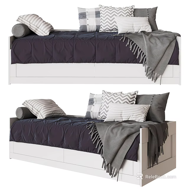 Single Bed With Dark Purple Bedding Patterned Pillows And Gray Blanket 3d model