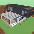 Modern Single Family House With Large Glass Windows Flat Roof And Stone Terrace