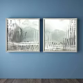 Two Silver Framed Abstract Paintings With Gray White Lines On Blue Wall 3d model