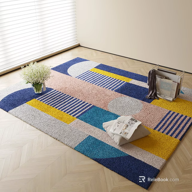 Square Area Rug Featuring Geometric Patterns Blue Pink Yellow Gray Tones On Wooden Floor 3d model 