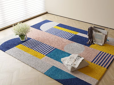 Square Area Rug Featuring Geometric Patterns Blue Pink Yellow Gray Tones On Wooden Floor 3d model