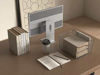 Wooden Desk Organized With Stacked Books Magazines Notebook Pen And Coffee Cup 3d model