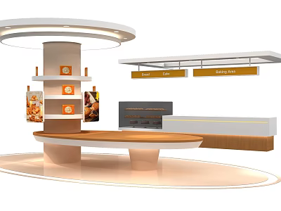 Modern Baking Product Display Area With Circular Counter Shelves And Hanging Signs 3d model
