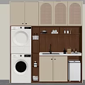 Modern Laundry Room With Kitchen Area Stacked Washer Dryer Wooden Countertop And Cabinets